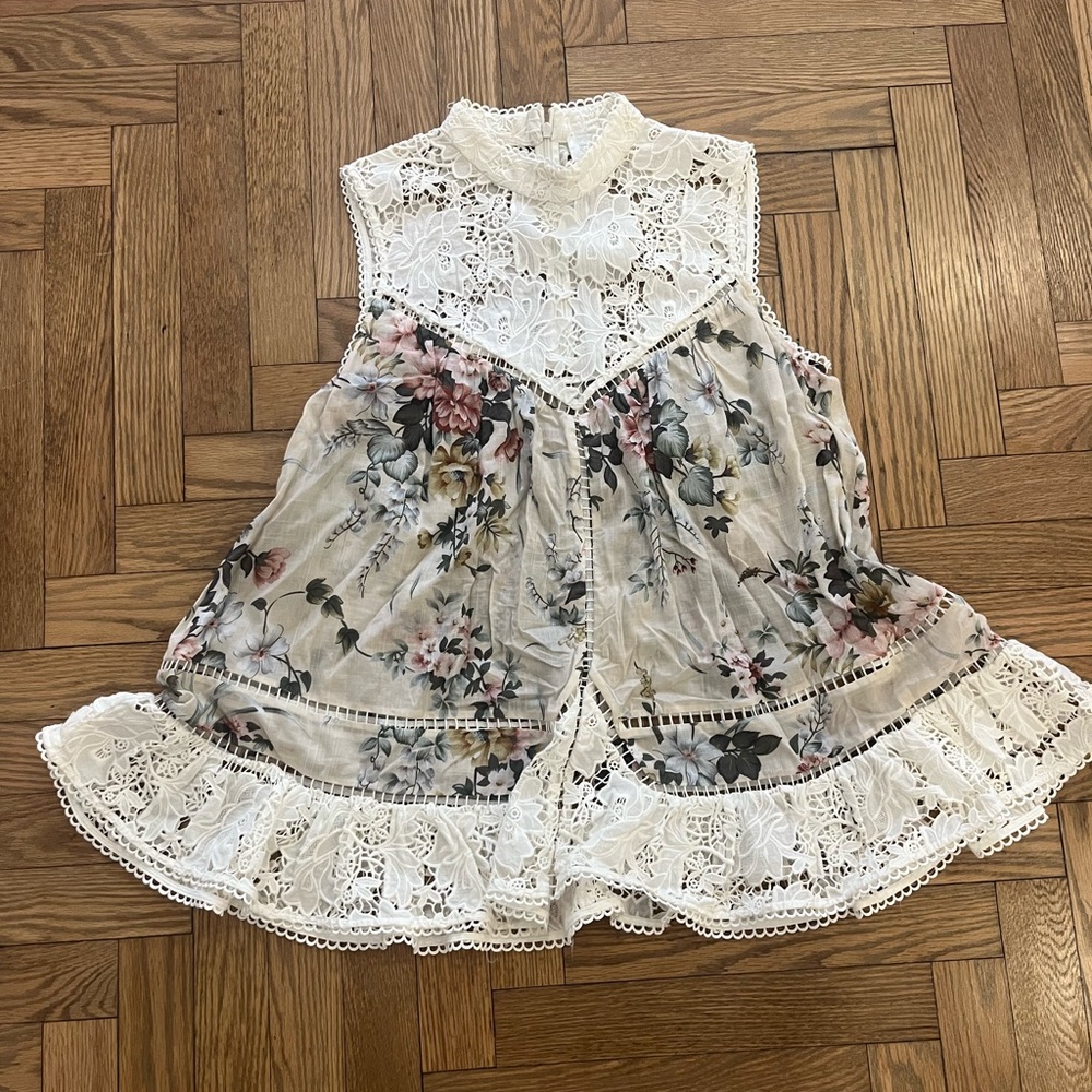 Zimmermann White and Pink Floral Lace Tank Top